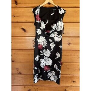 White House Black Market Floral Satin Midi Pencil Dress Queen Anne Neckline 4